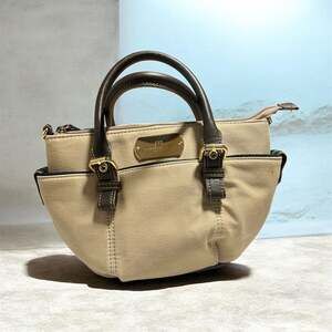 Tommy Hilfiger Beige Canvas Satchel Handbag with Brown Trim and Logo Plate